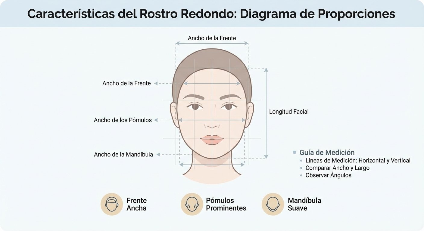 Diagrama visual que muestre las proporciones y características específicas del rostro redondo