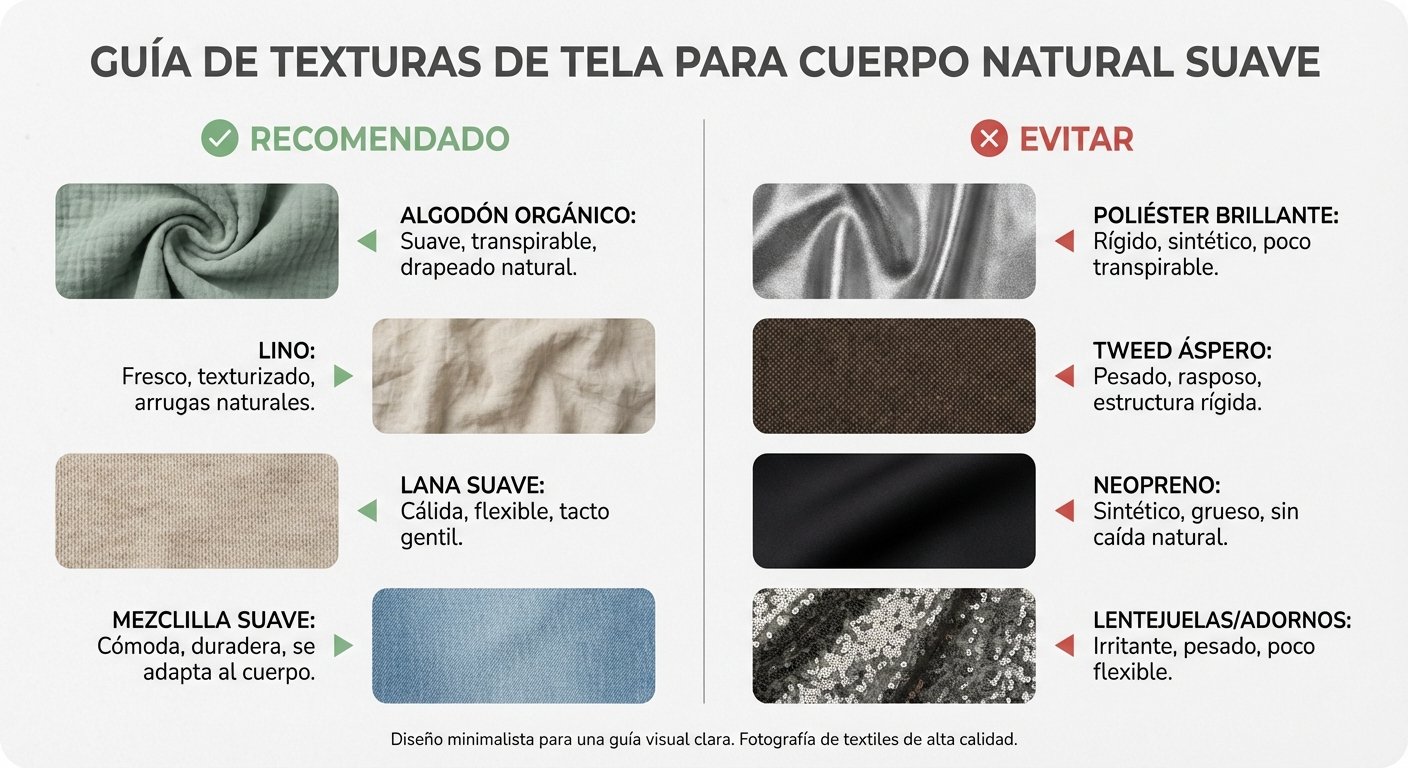 Guía visual de tejidos recomendados vs evitar para soft natural