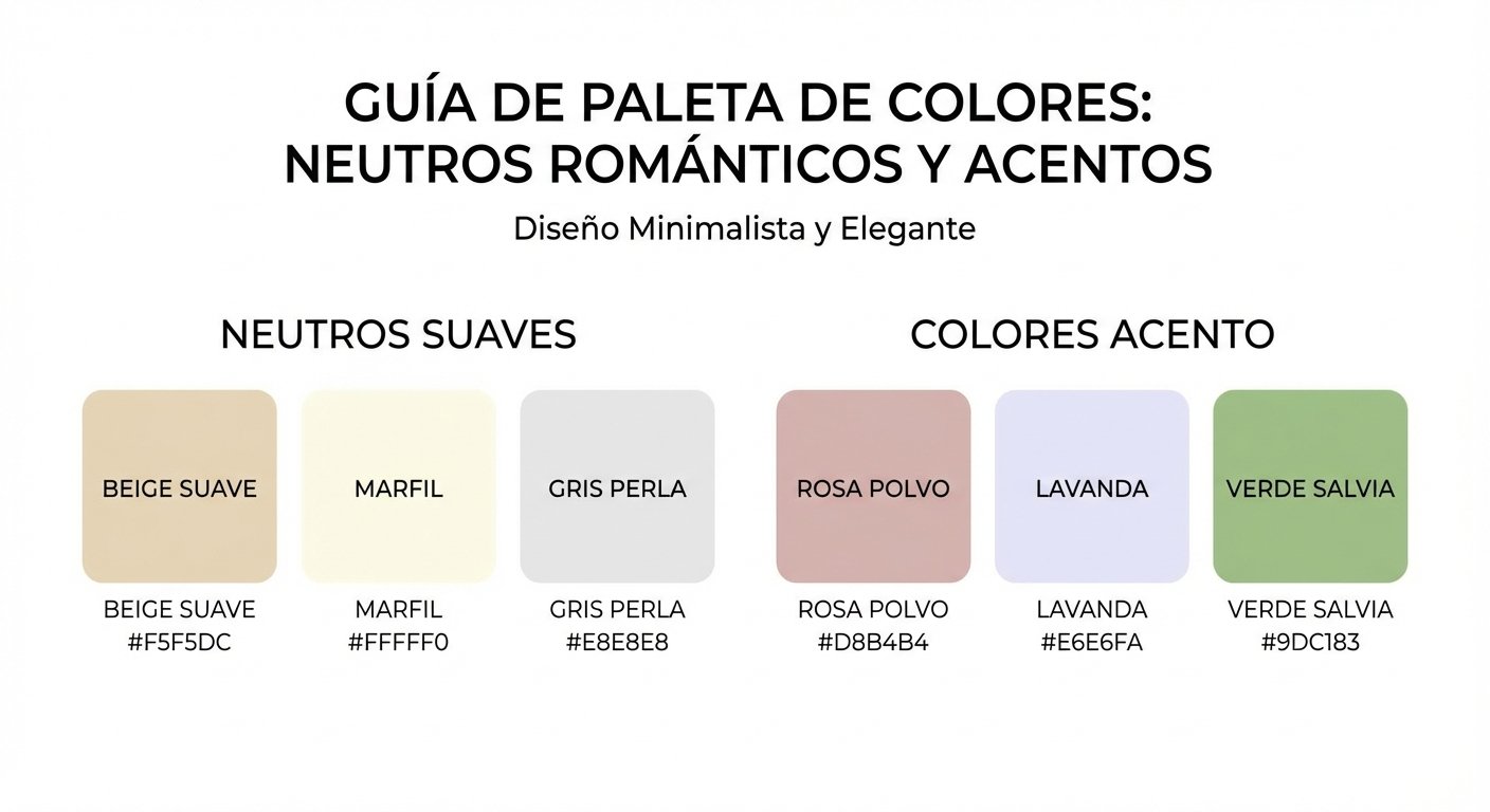 Guía visual de colores románticos neutros y acentos