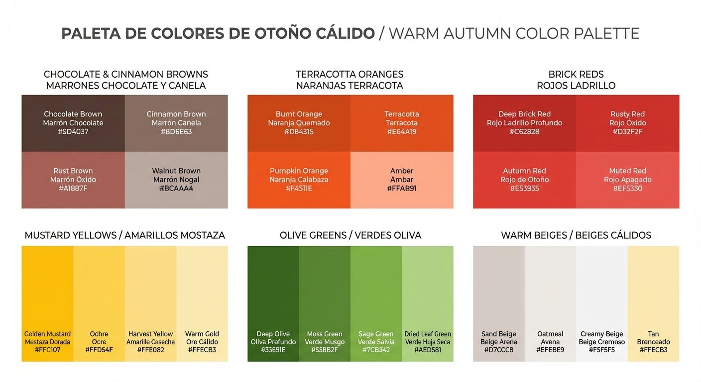 Mostrar visualmente todos los colores de la paleta otoño cálido organizados por categorías