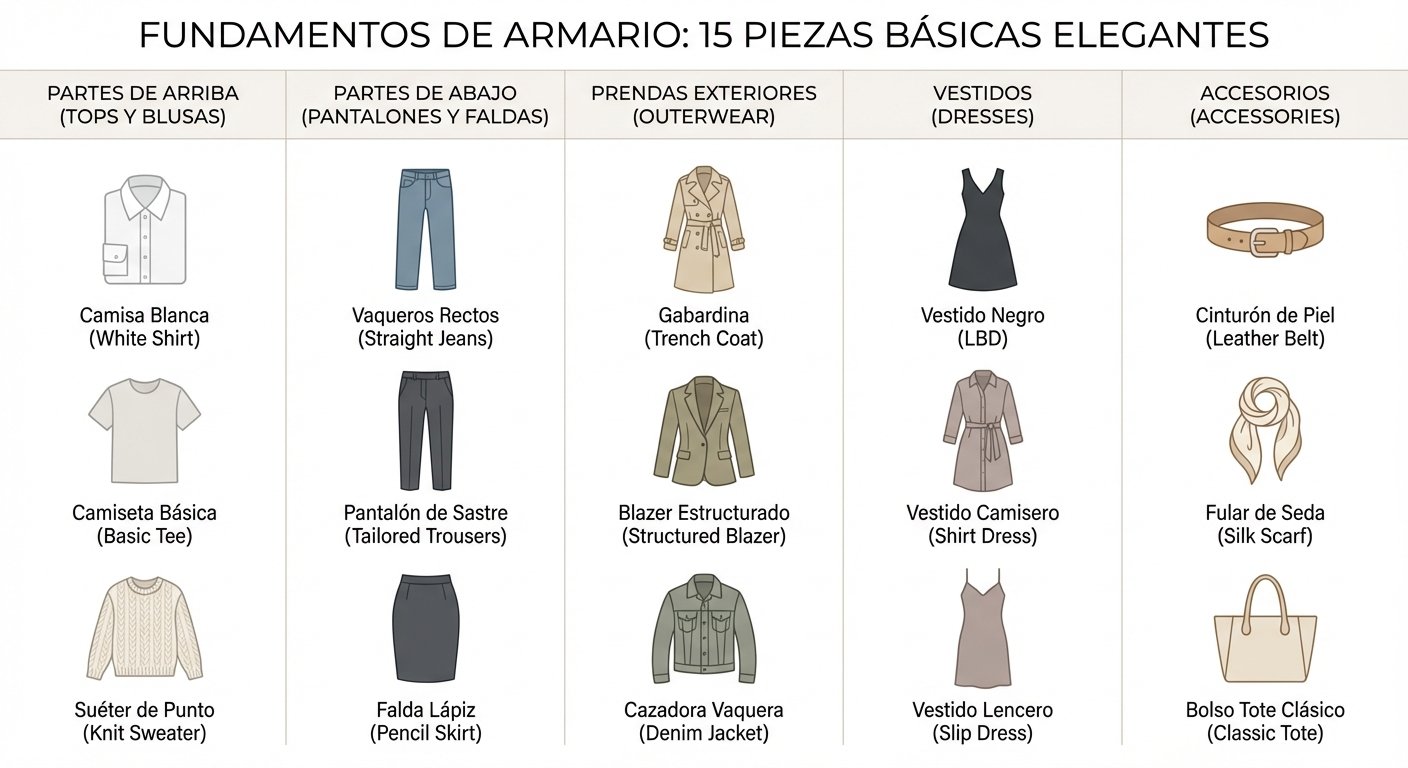 Infografía visual que muestre las 15 prendas básicas organizadas por categorías para facilitar la co