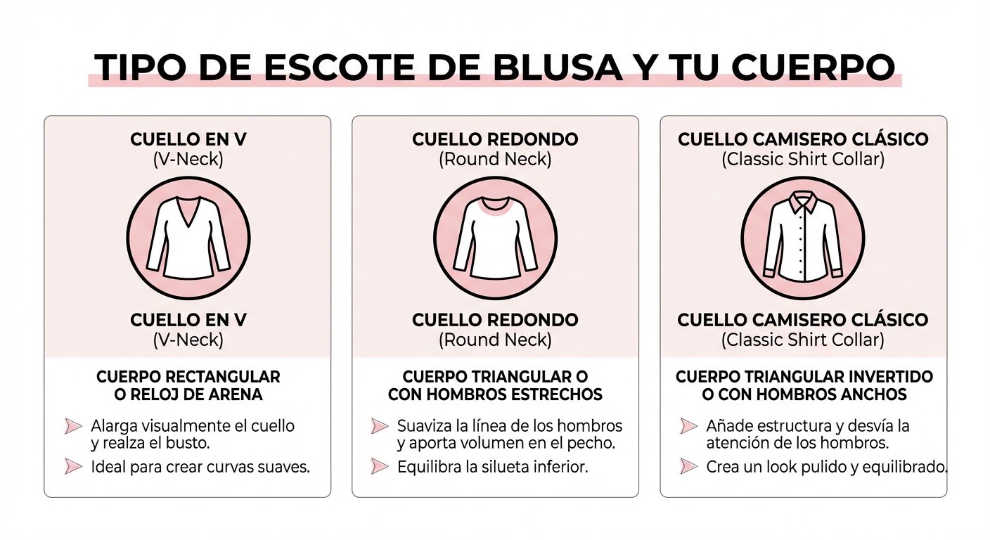 Mostrar visualmente los diferentes tipos de cuello de blusa y para qué tipo de cuerpo funciona cada