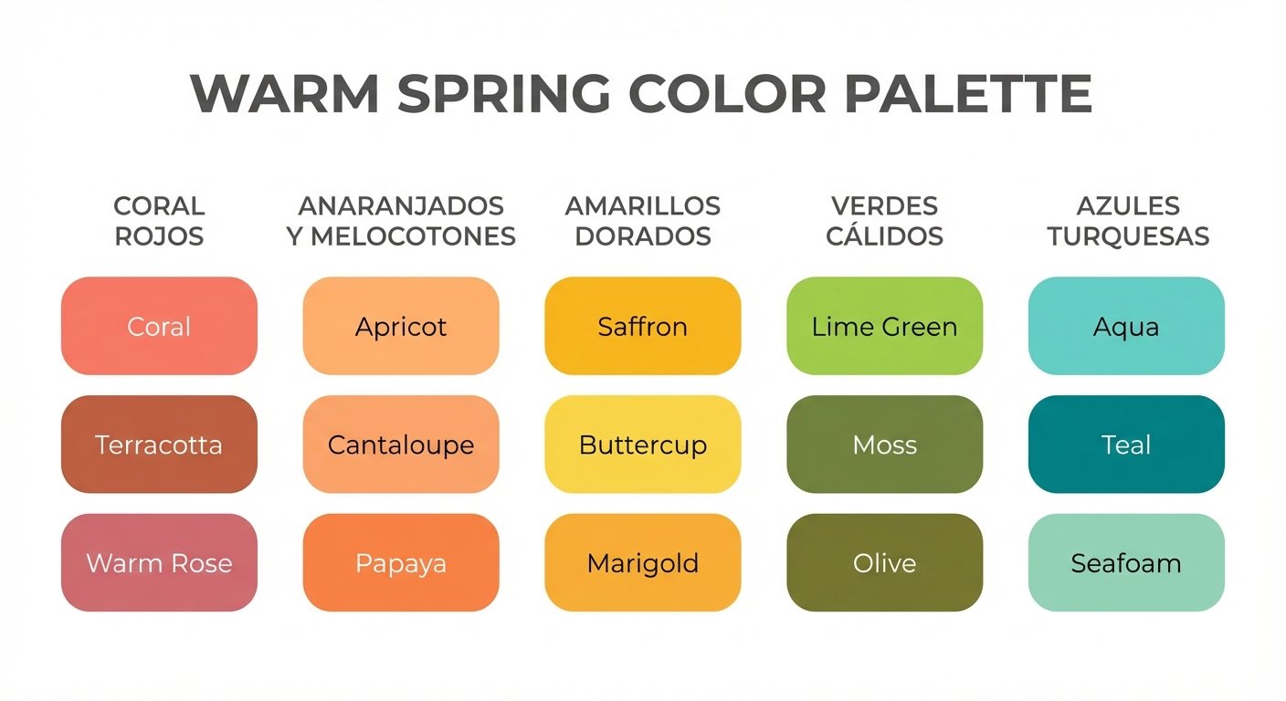 Mostrar visualmente la paleta completa de colores de primavera cálida organizados por categorías