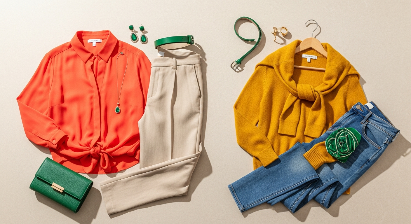 Ejemplo visual de outfits que incorporan los colores de primavera cálida de manera práctica