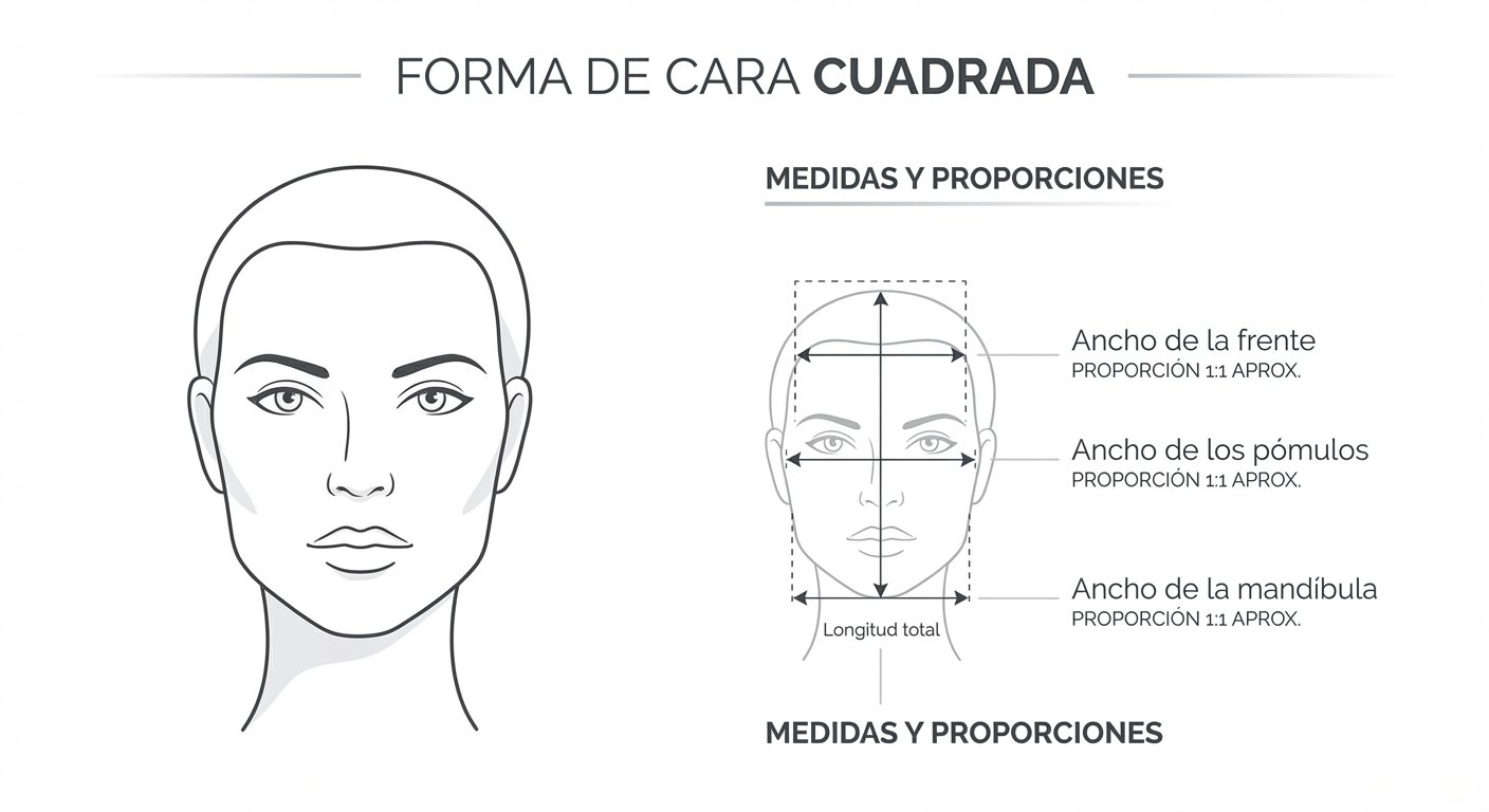 Diagrama visual explicando las características del rostro cuadrado
