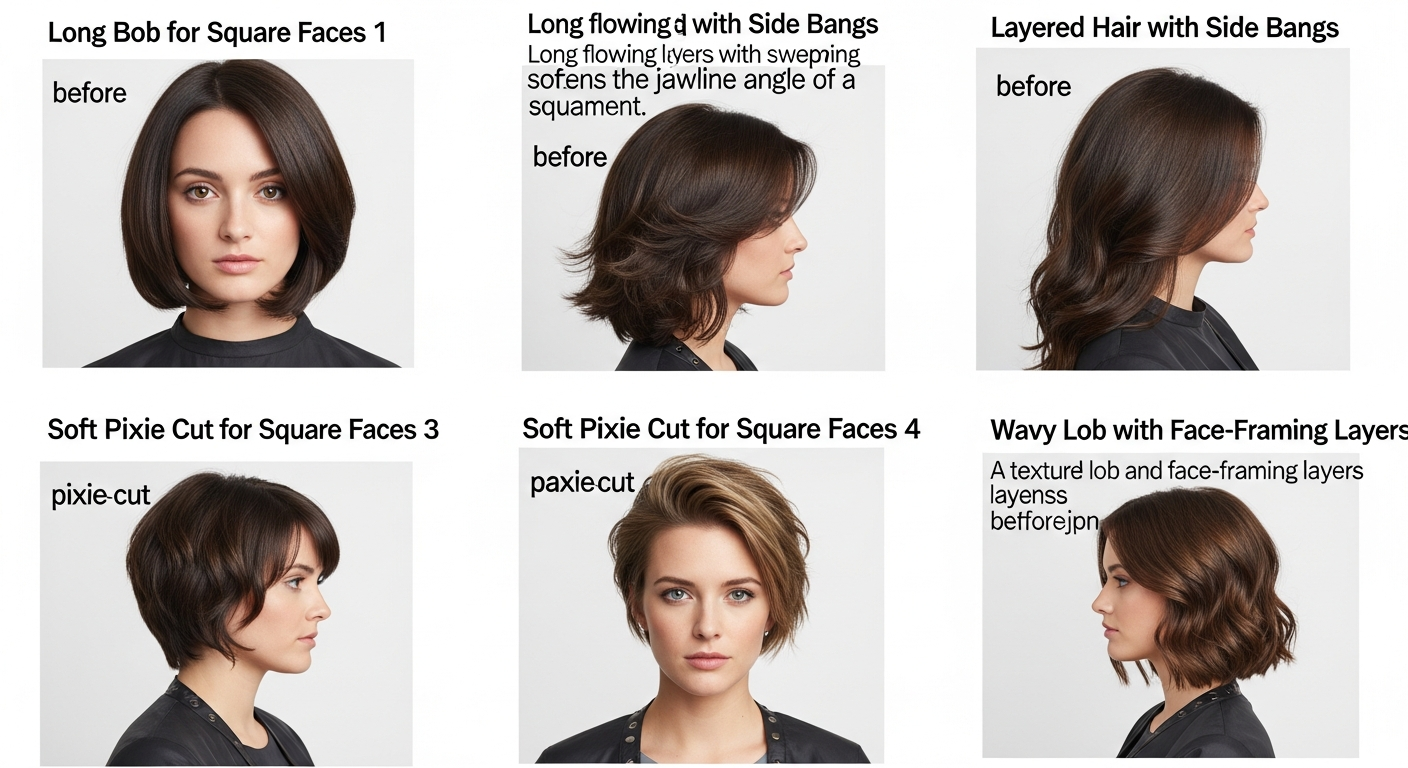 Collage de diferentes peinados favorecedores para rostro cuadrado