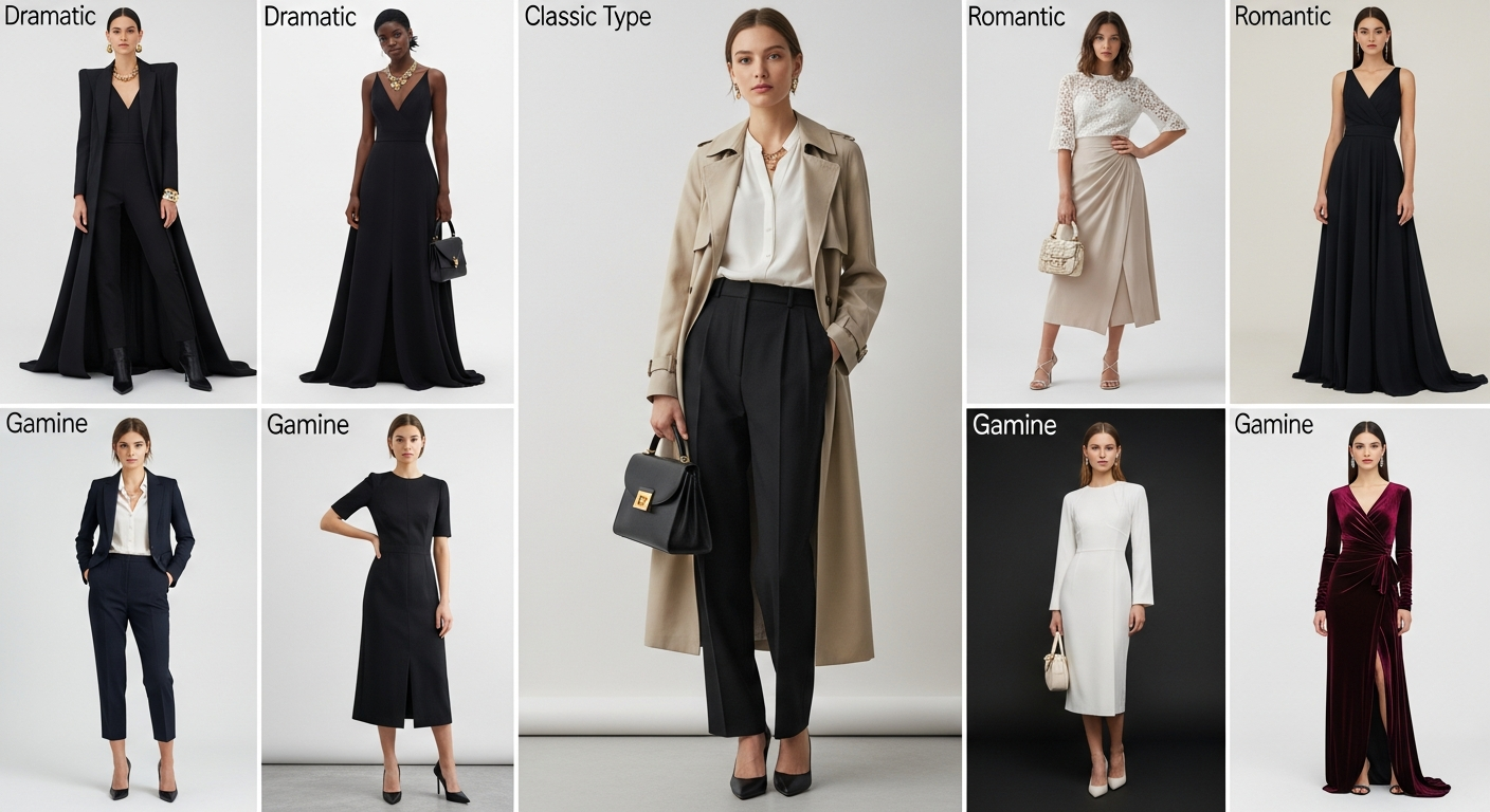 Mostrar ejemplos prácticos de outfits según diferentes tipos Kibbe