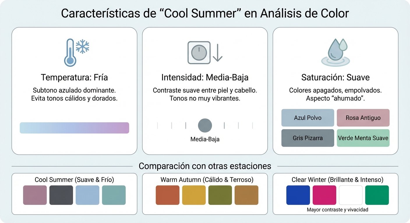 Mostrar visualmente las características clave de la paleta verano frío y sus elementos definitorios