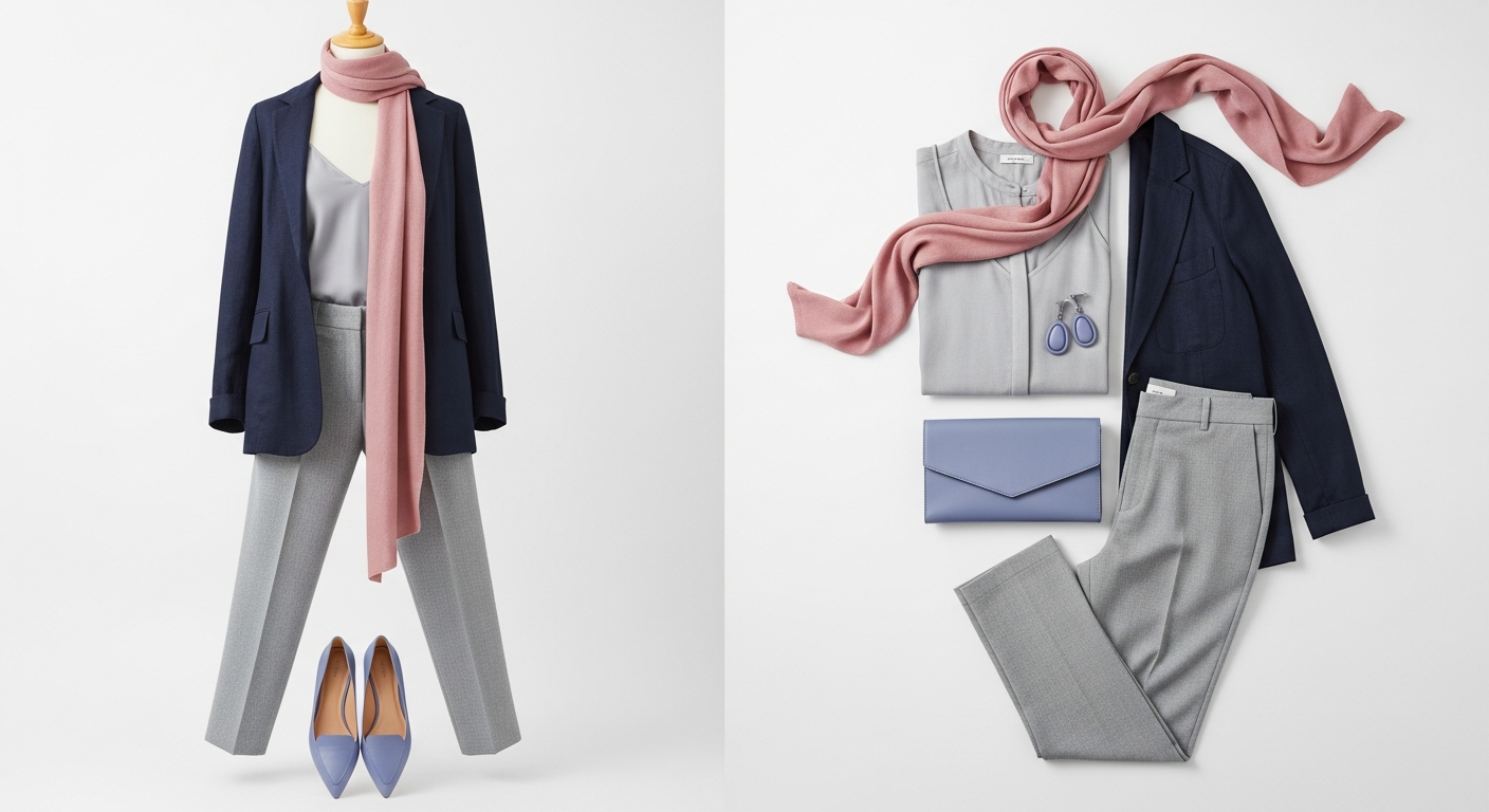 Mostrar outfit completo con colores de la paleta verano frío en acción