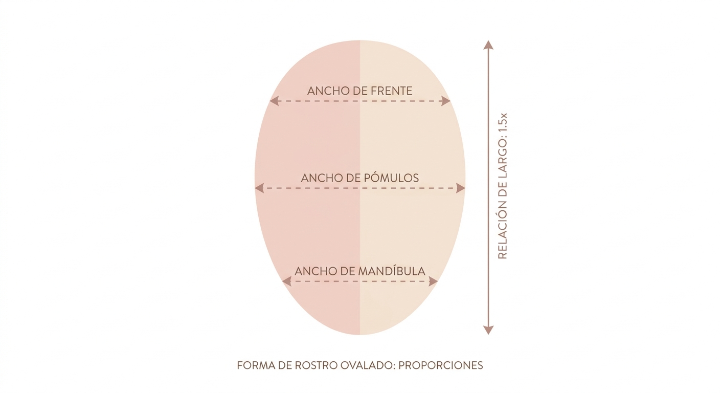 Diagrama visual que ilustra las proporciones del rostro ovalado: frente, pómulos, mandíbula y relaci