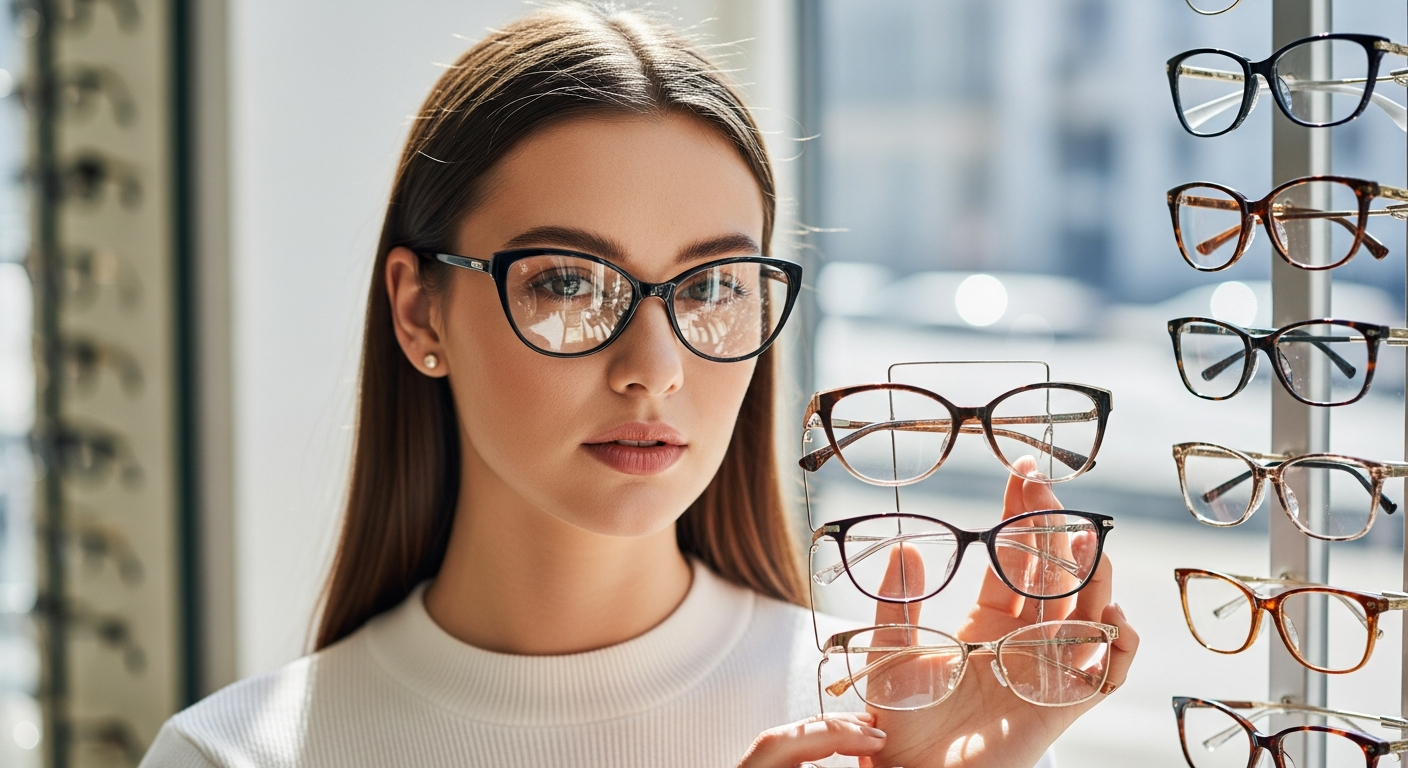 Mujer con rostro ovalado probando distintas monturas de gafas, transmitiendo versatilidad y estilo