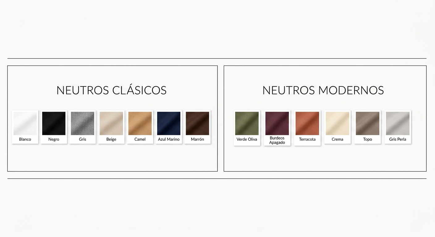 Guía visual que diferencia la paleta de neutros clásicos versus neutros modernos con sus respectivos
