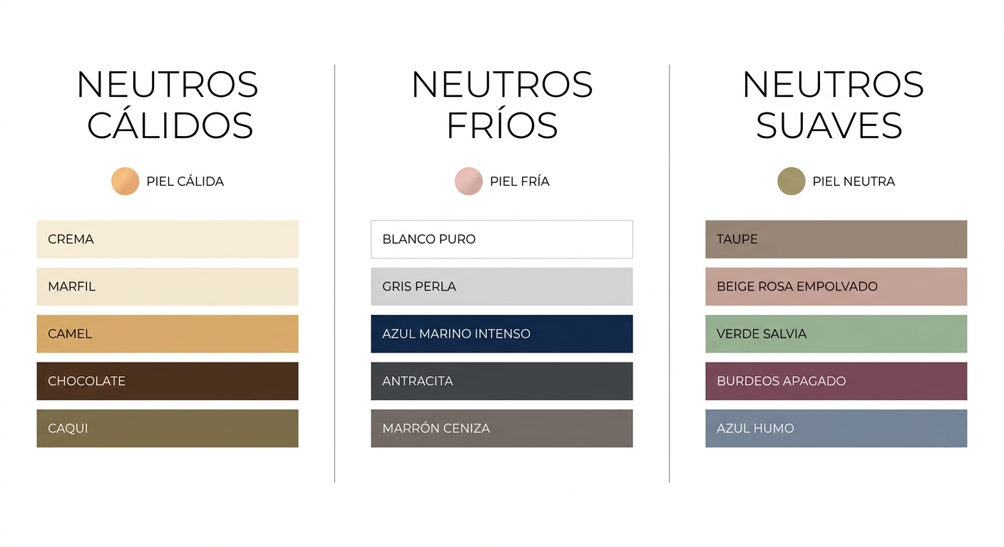Diagrama visual que muestra qué paleta de neutros corresponde a cada subtono de piel: cálido, frío y