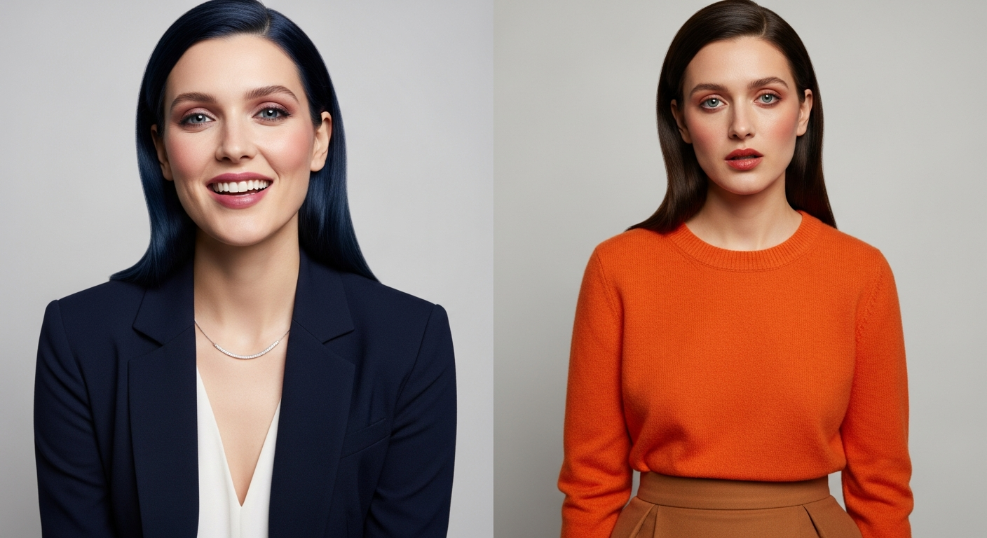 Comparativa visual entre una misma mujer con colores que la favorecen versus colores que la apagan