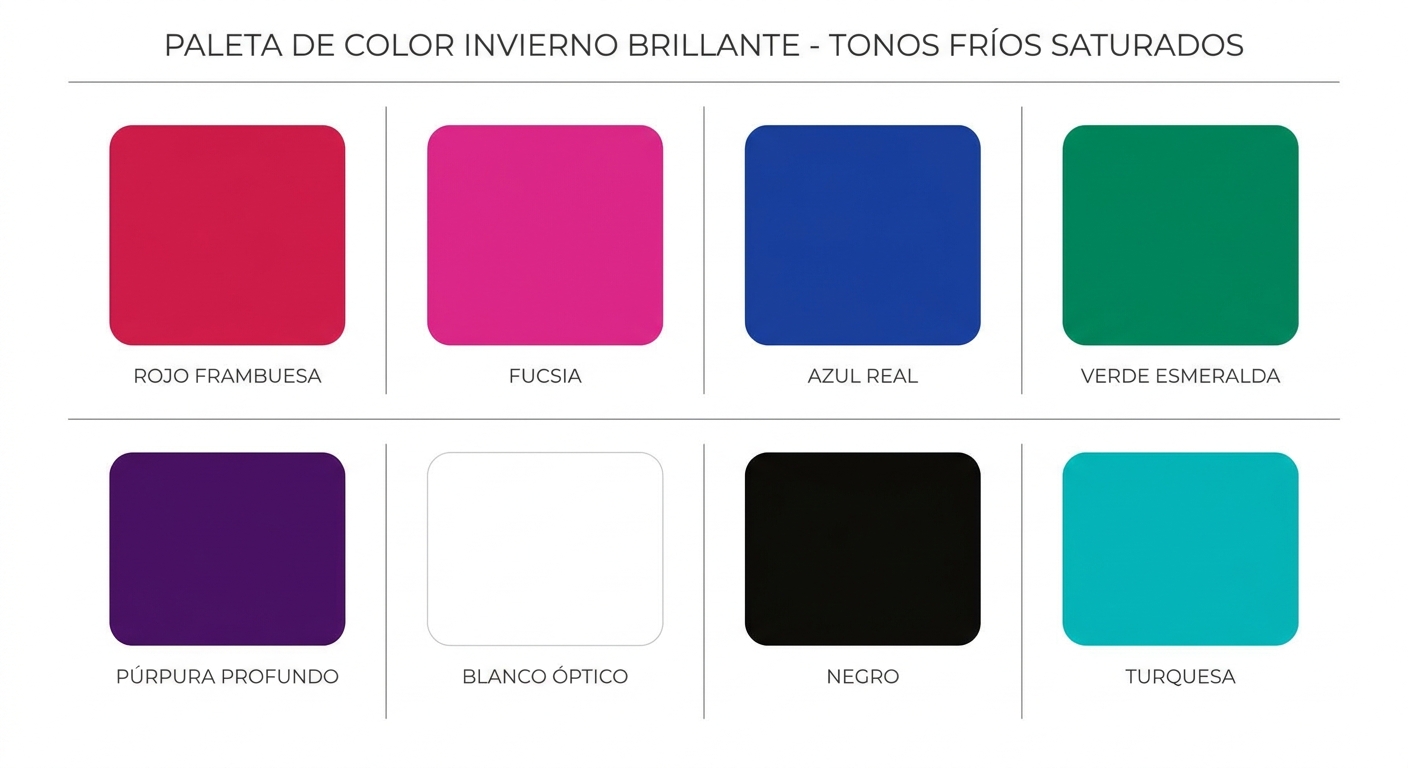 Paleta visual con los colores estrella del Invierno Brillante organizados de forma atractiva