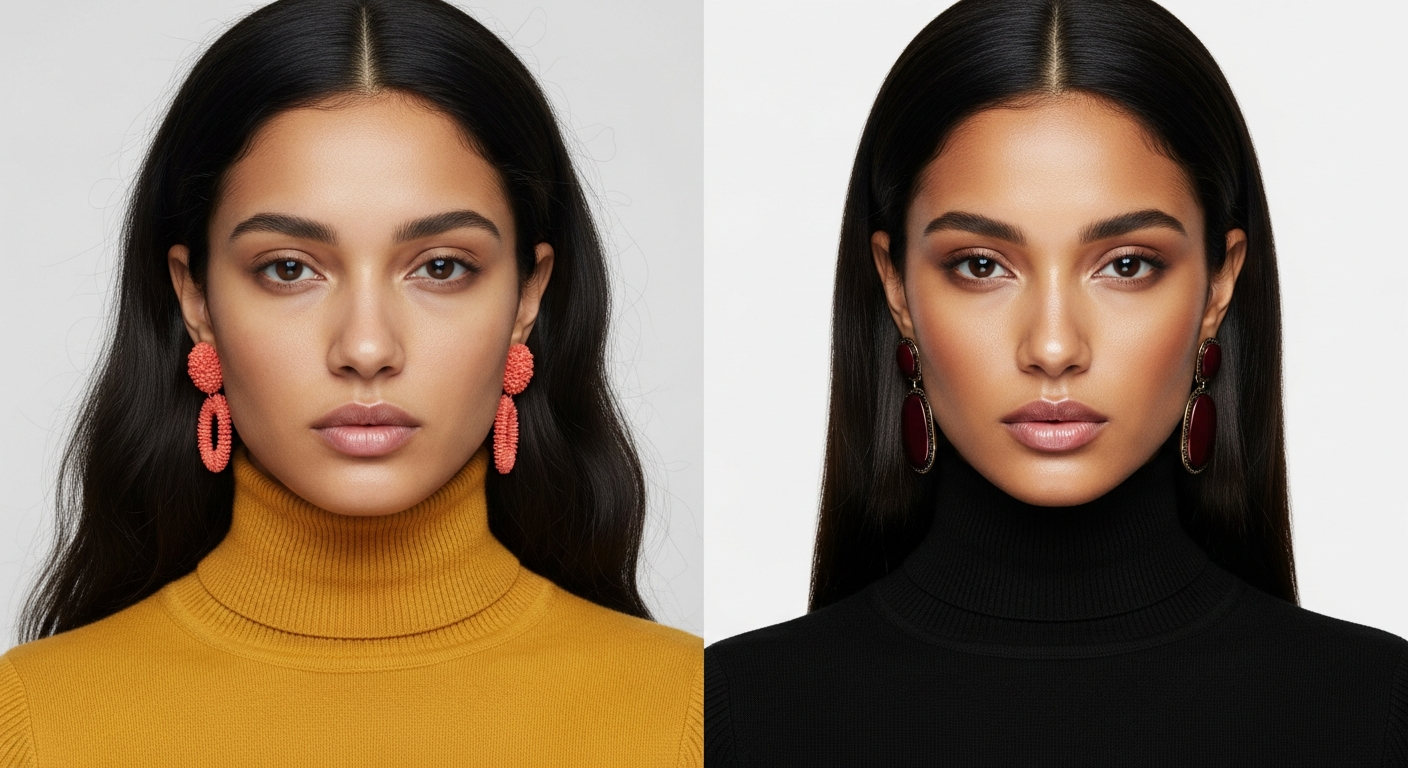Comparación visual de una mujer con colores que favorecen vs colores que no favorecen al Invierno Pr