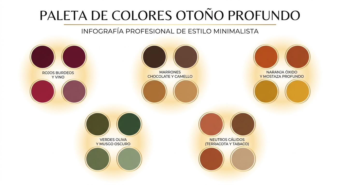Paleta visual completa con los colores que favorecen al Otoño Profundo organizados por grupos cromát