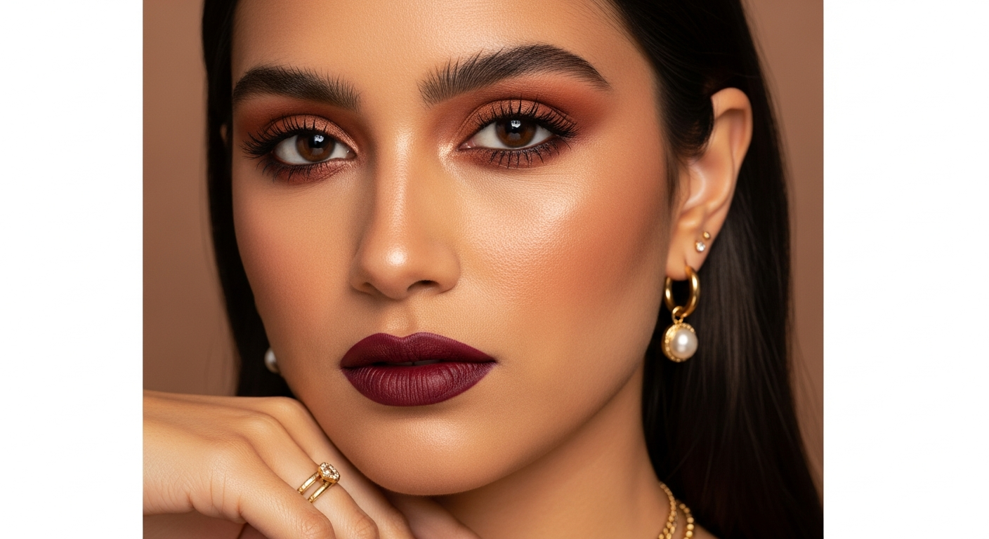 Mujer con maquillaje perfecto para Otoño Profundo: labios borgoña, sombras terrosas y colorete terra
