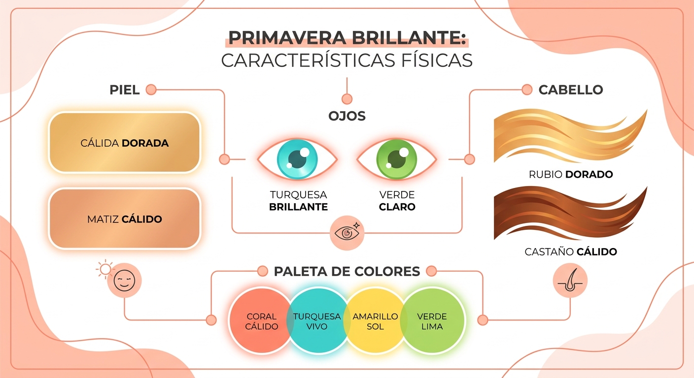 Diagrama visual que resume los rasgos físicos característicos de la Primavera Brillante: tono de pie
