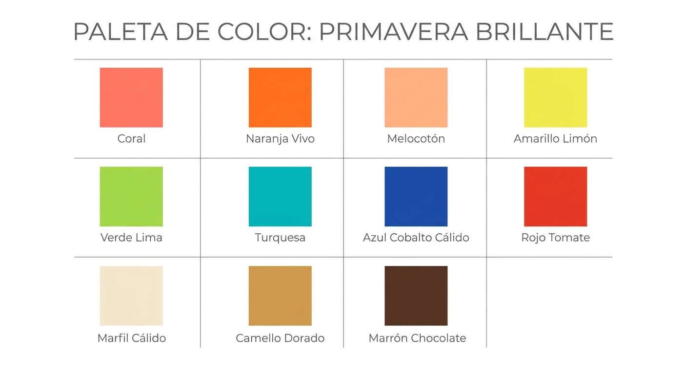 Paleta visual con los colores estrella de la Primavera Brillante: corales, naranjas, turquesas, amar