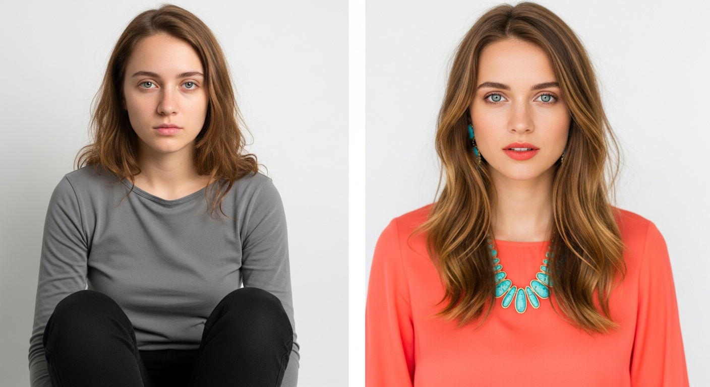 Comparación visual de una mujer Primavera Brillante con colores favorecedores vs colores que la apag