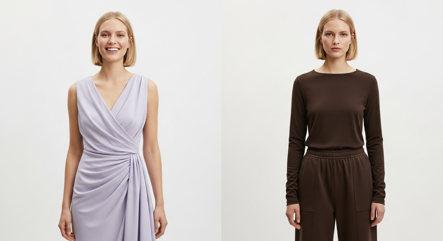 Comparación visual de outfits favorecedores vs desfavorecedores sobre una persona con coloración Ver