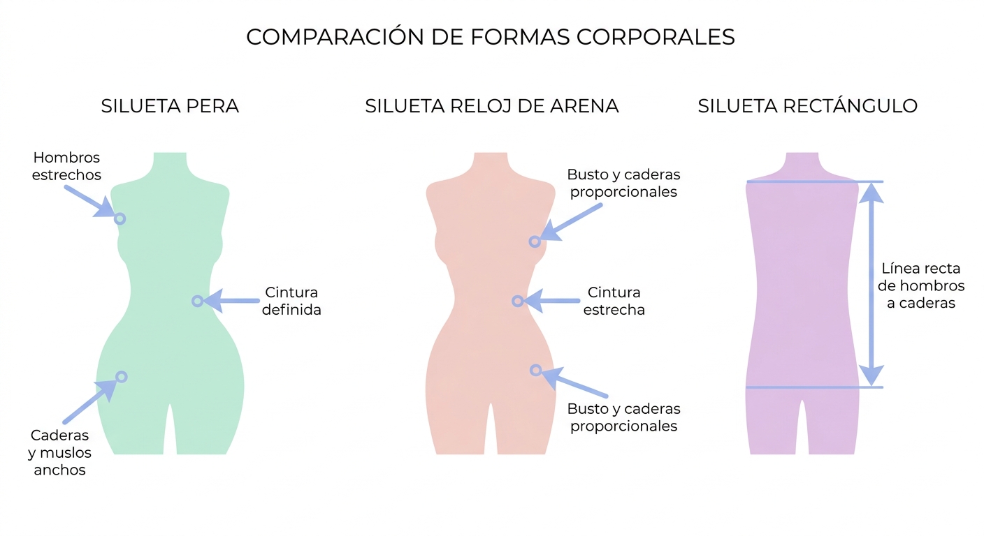 Diagrama visual que ilustra las características físicas de la silueta pera comparada con otras silue