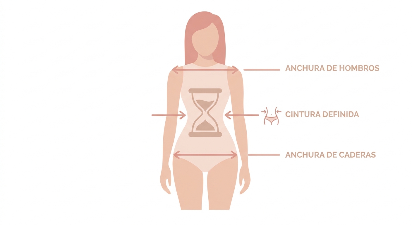 Diagrama visual que ilustra las proporciones del cuerpo reloj de arena con los tres puntos clave: ho