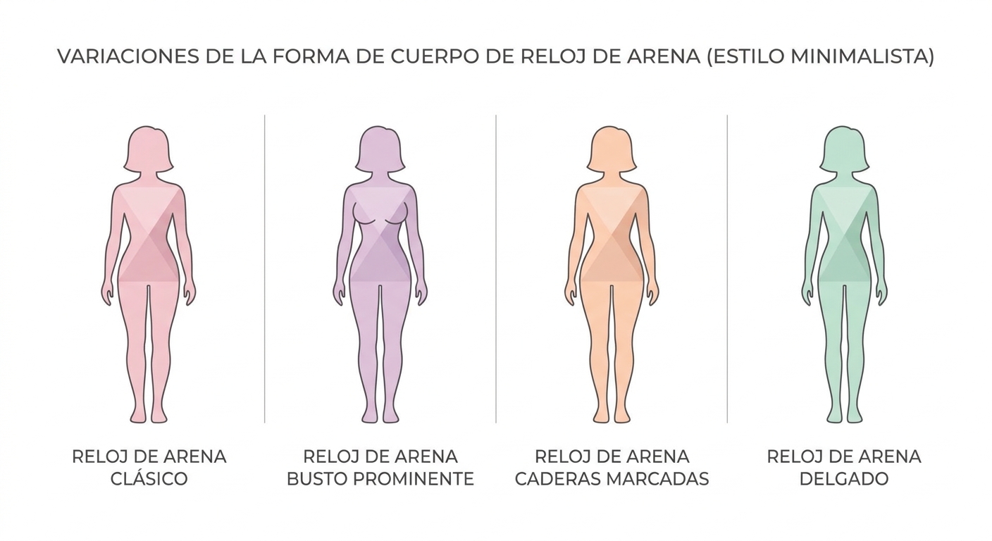 Guía visual comparando las cuatro variantes del cuerpo reloj de arena lado a lado