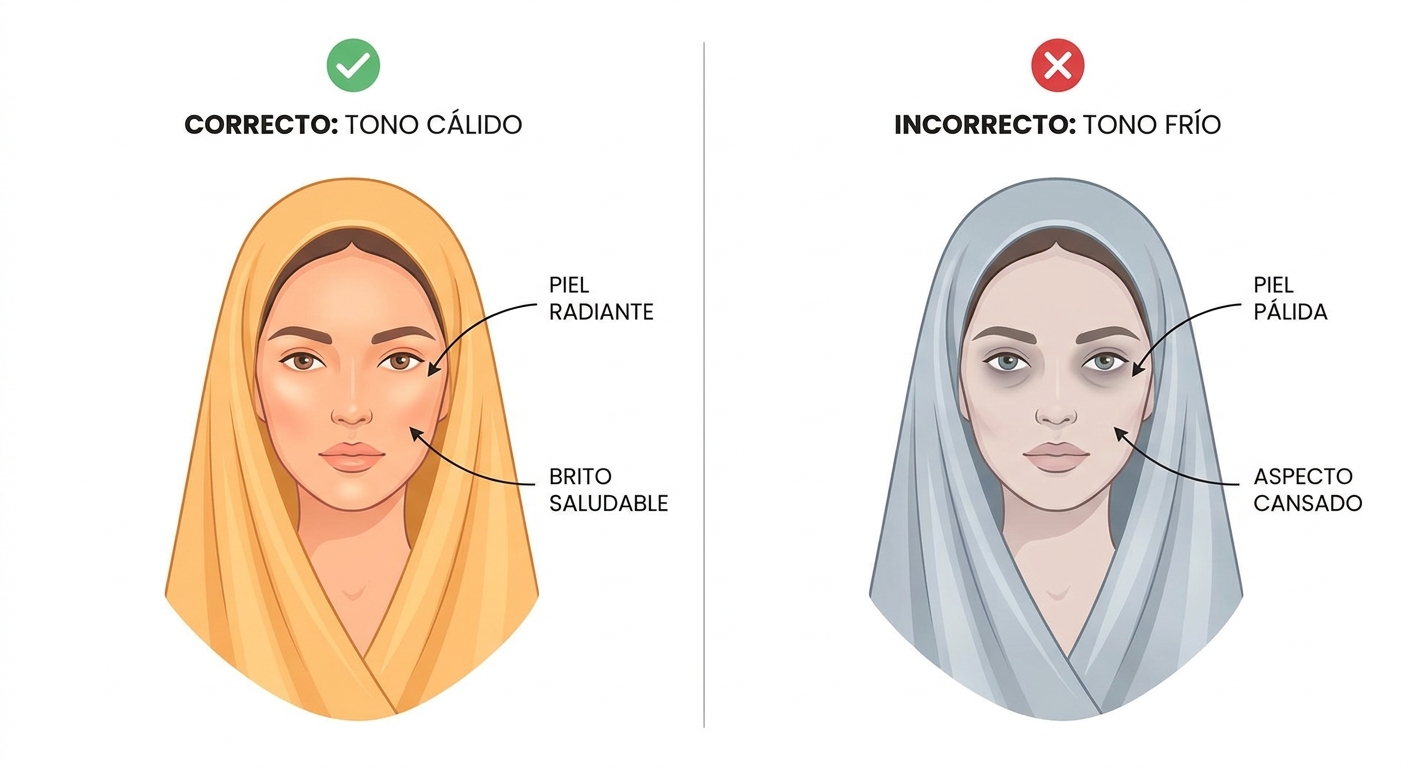 Ilustrar visualmente cómo las telas afectan la percepción del tono de piel, con ejemplos de cómo un