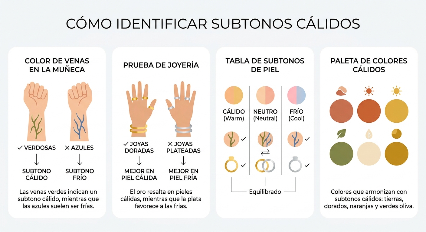Diagrama visual con las señales clave para identificar el subtono cálido de piel: venas, reacción al