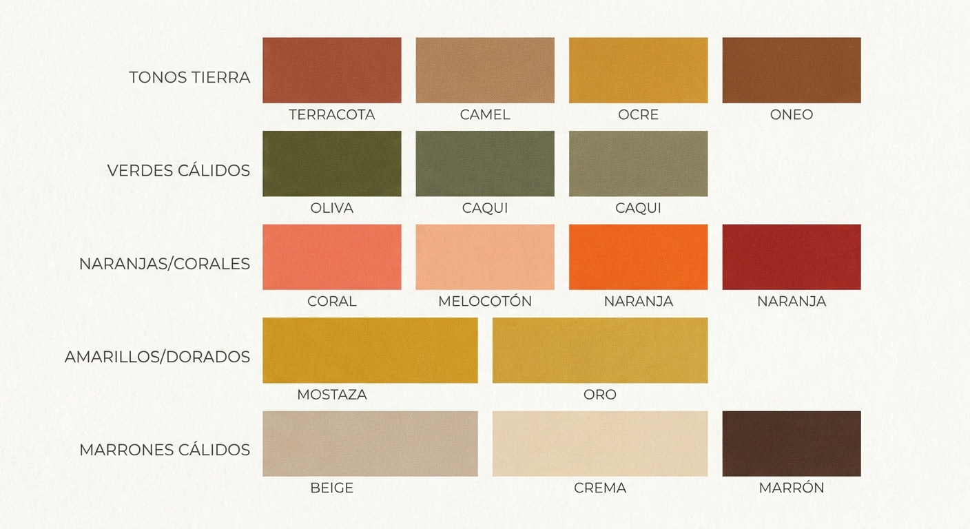 Paleta visual con todos los colores recomendados para piel cálida agrupados por familia cromática