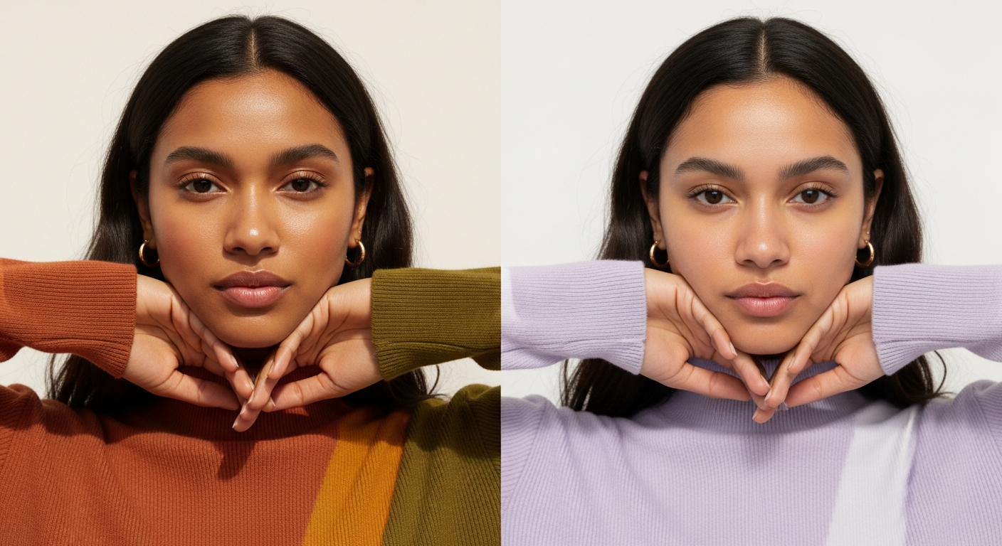 Comparativa visual de dos outfits sobre una mujer de piel cálida, uno con colores favorecedores y ot