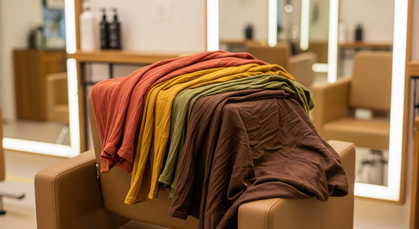 Telas de colorimetría en tonos otoño sobre un sillón de peluquería
