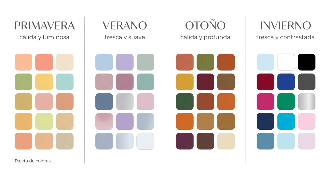 Diagrama visual que explica las 4 estaciones de color con sus características de temperatura, intens