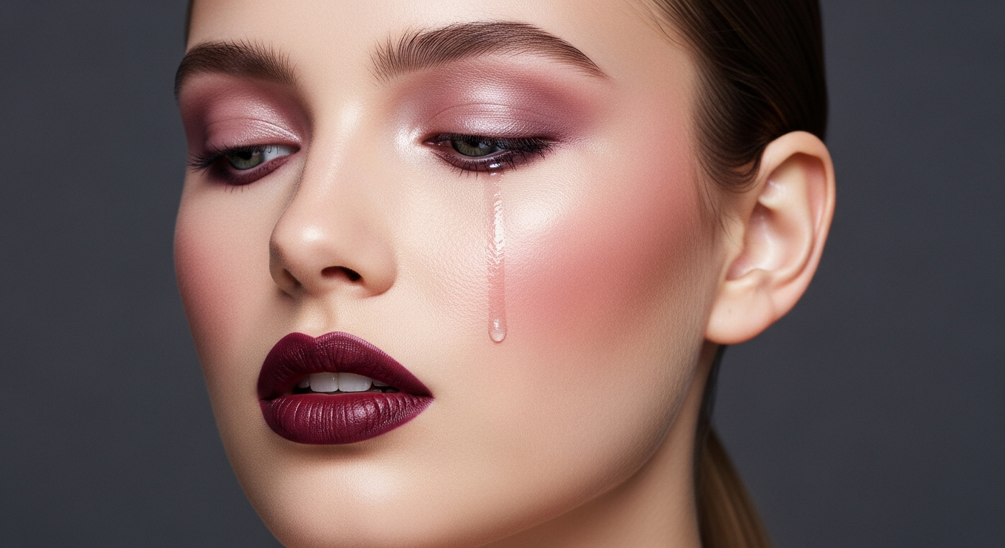 Mujer con maquillaje frío de tonos malva, gris azulado y rosa que ilustra las estaciones frías