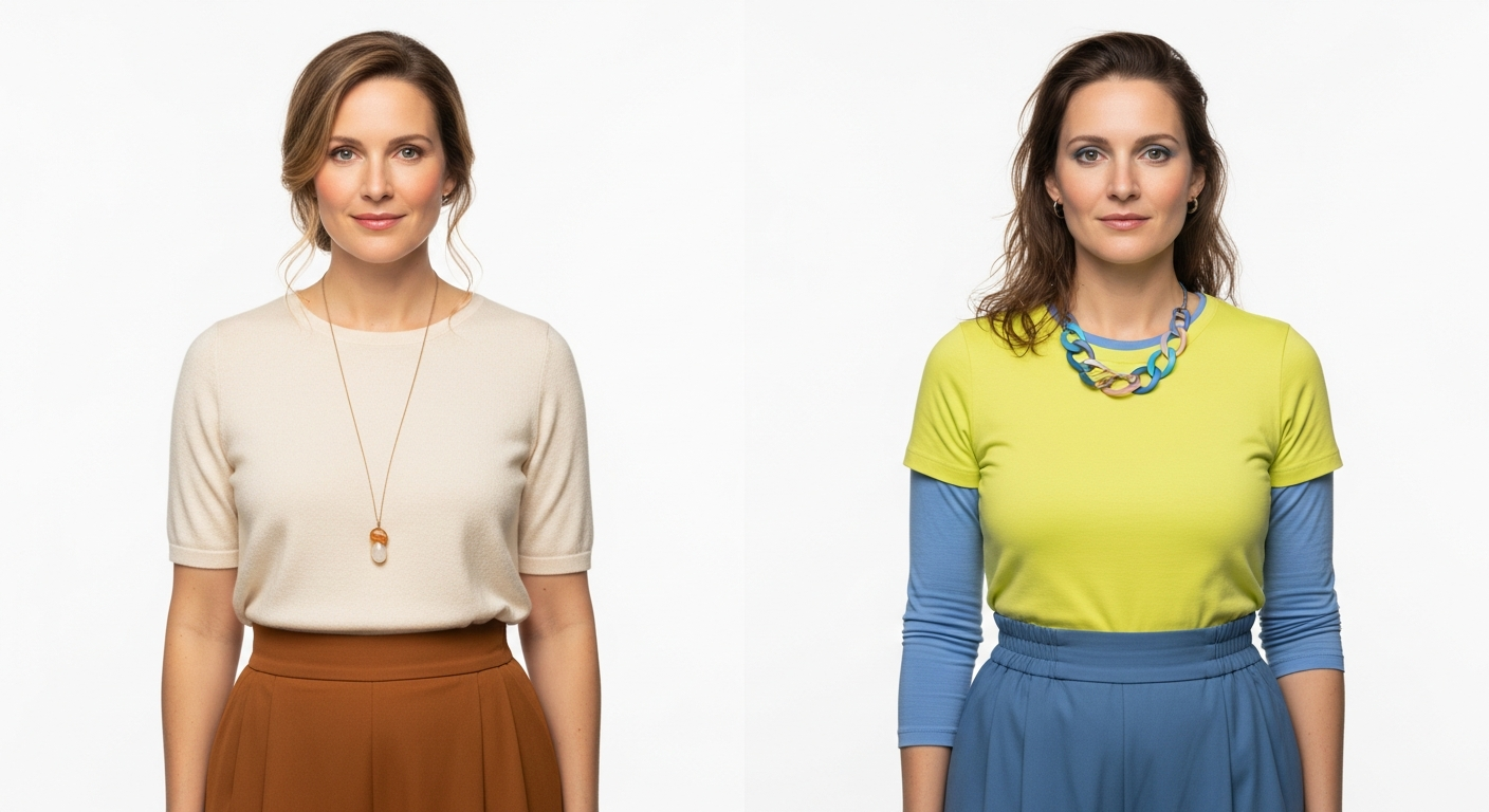 Mostrar visualmente el efecto de vestir con colores que favorecen vs colores que no, con dos looks c