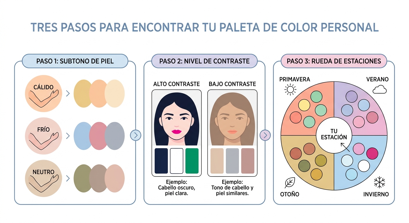 Guía visual de las tres variables del análisis: subtono de piel, nivel de contraste y estación del c