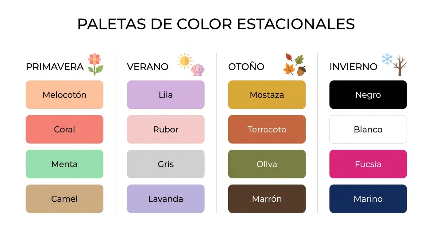 Representación visual de las cuatro estaciones del color con sus paletas cromáticas características