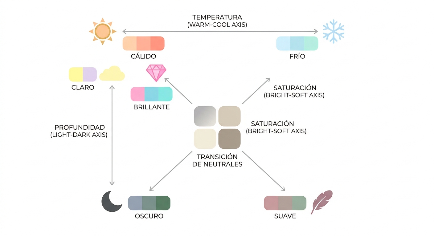 Diagrama visual que ilustra los cuatro ejes del análisis de color: temperatura, profundidad, saturac