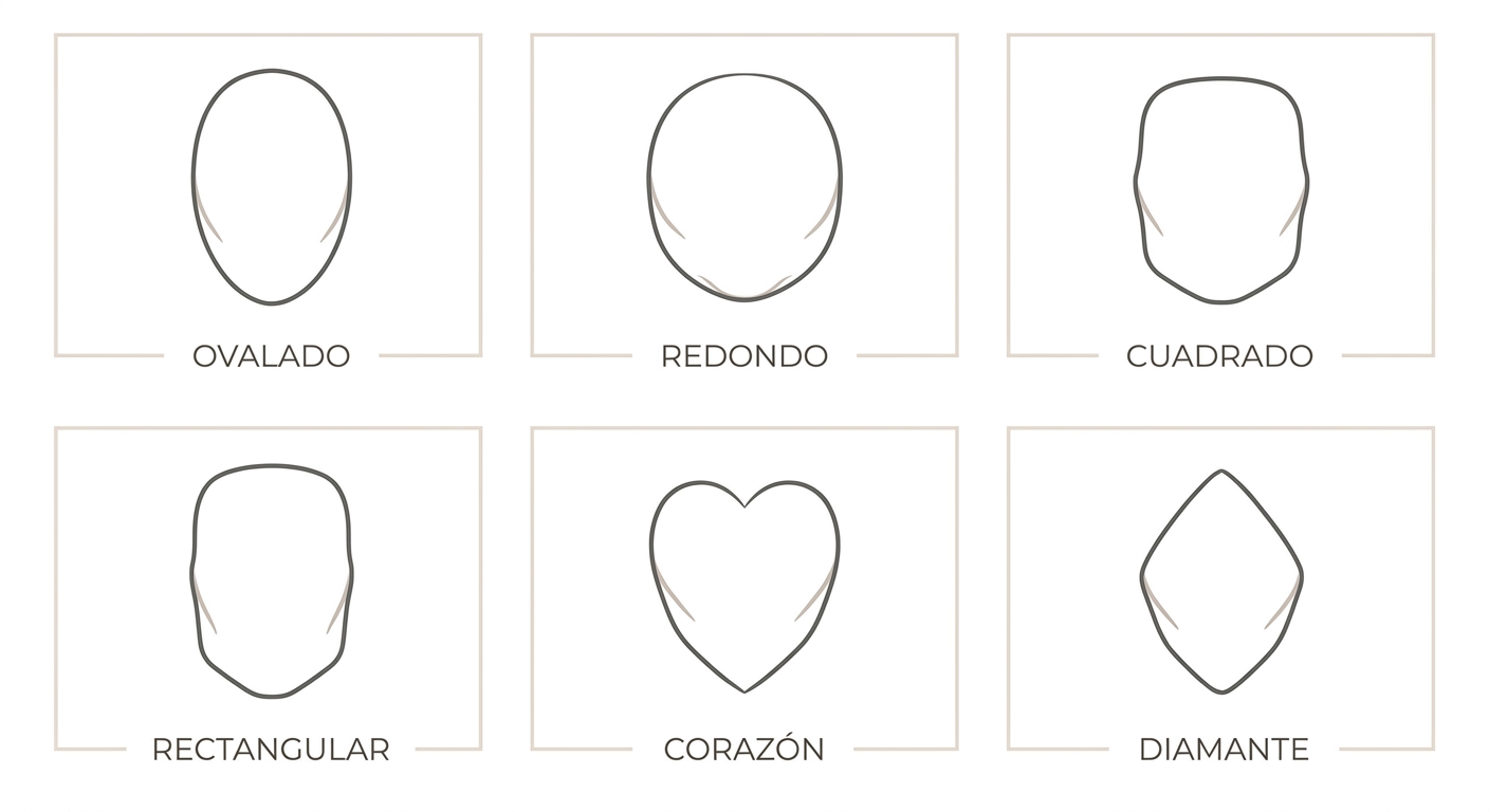 Diagrama visual que ilustra las seis formas de rostro principales del visagismo con sus contornos y