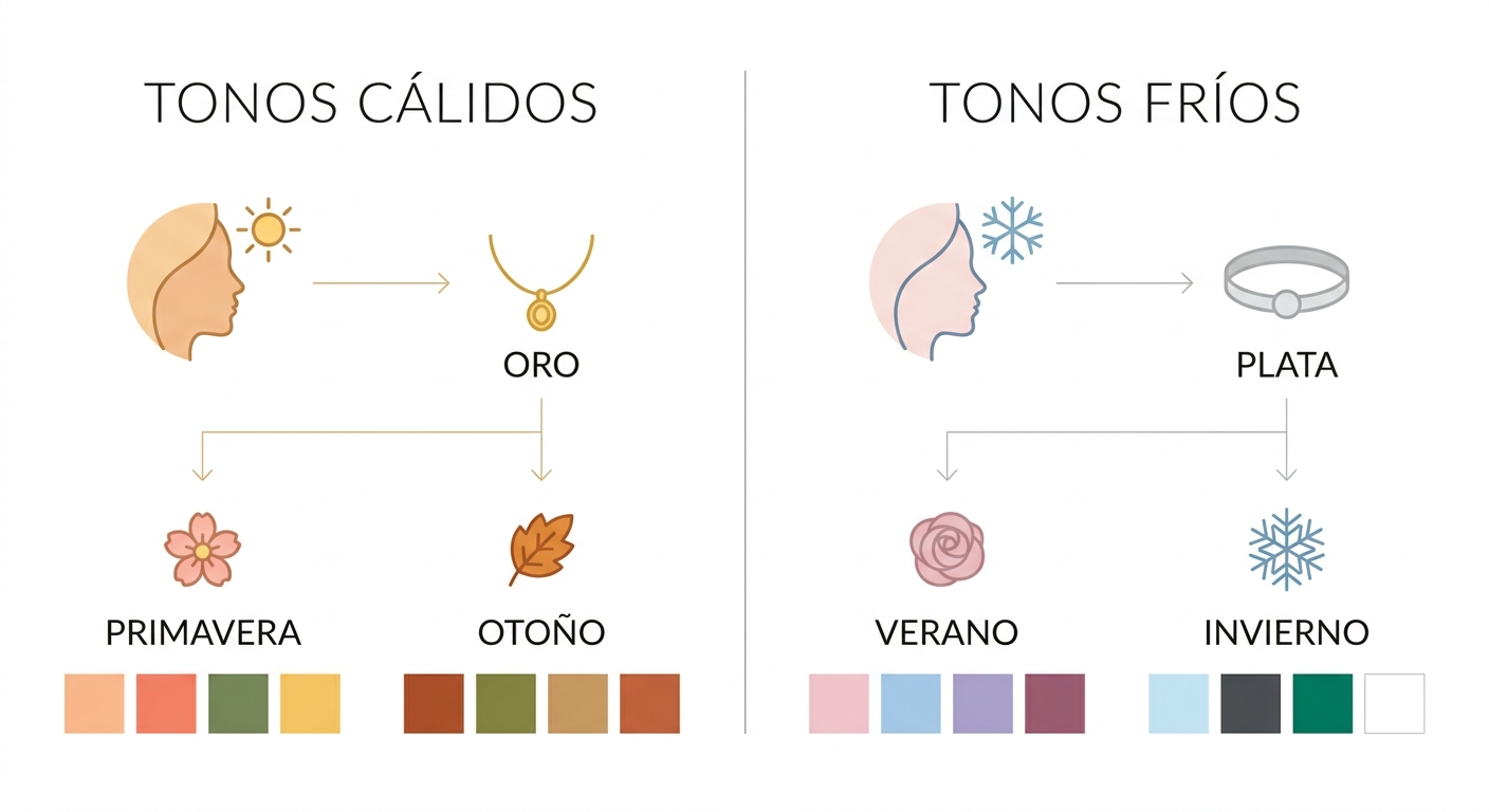 Diagrama visual que resume qué metal favorece a cada subtono de piel y estación de color correspondi