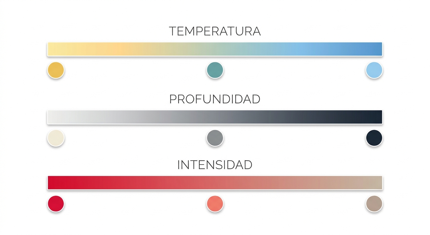 Diagrama visual que explica las tres dimensiones del color: temperatura, profundidad e intensidad co