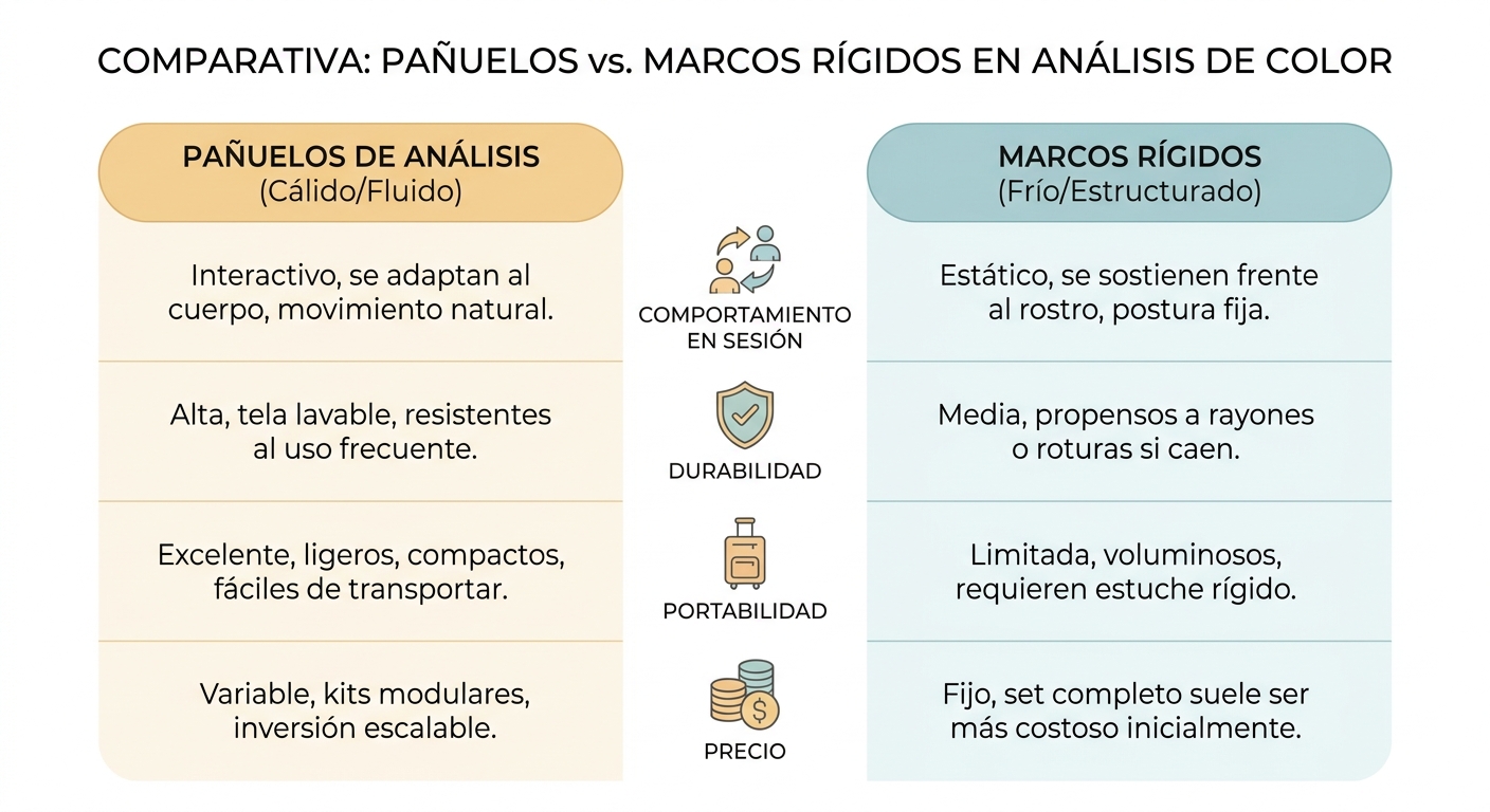 Comparativa visual clara entre telas y marcos de colorimetría en los aspectos clave: comportamiento,