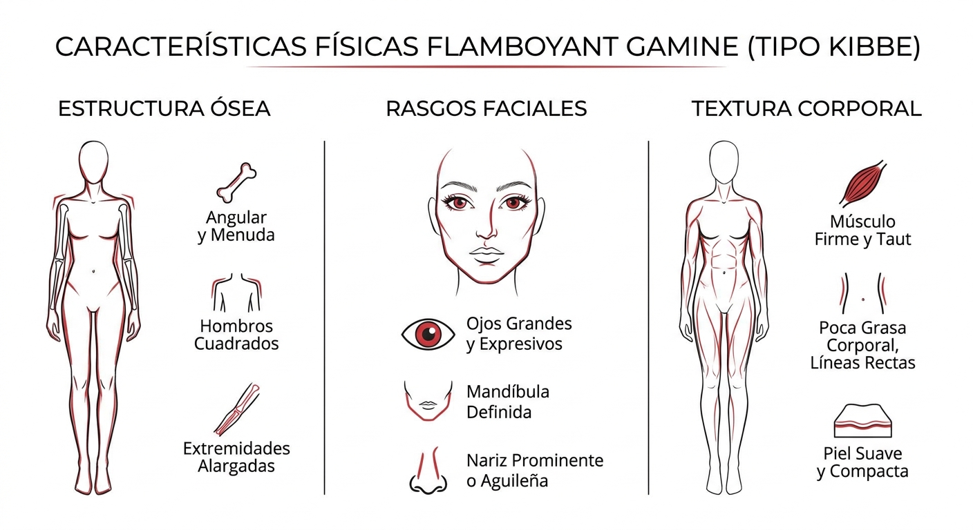 Diagrama visual que resume las características físicas clave del Flamboyant Gamine: estructura ósea,