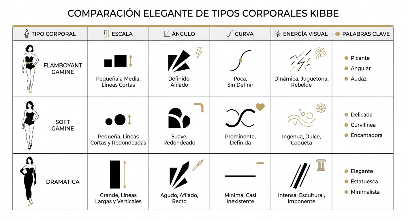Tabla comparativa visual entre Flamboyant Gamine, Soft Gamine y Dramatic para facilitar la identific