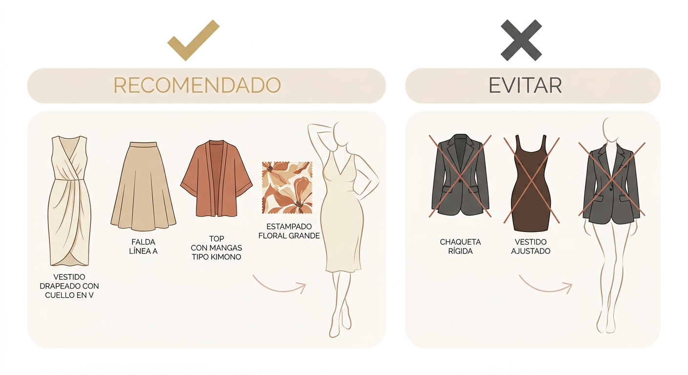 Guía visual de prendas recomendadas vs. a evitar para el tipo Soft Dramatic, con ejemplos de silueta