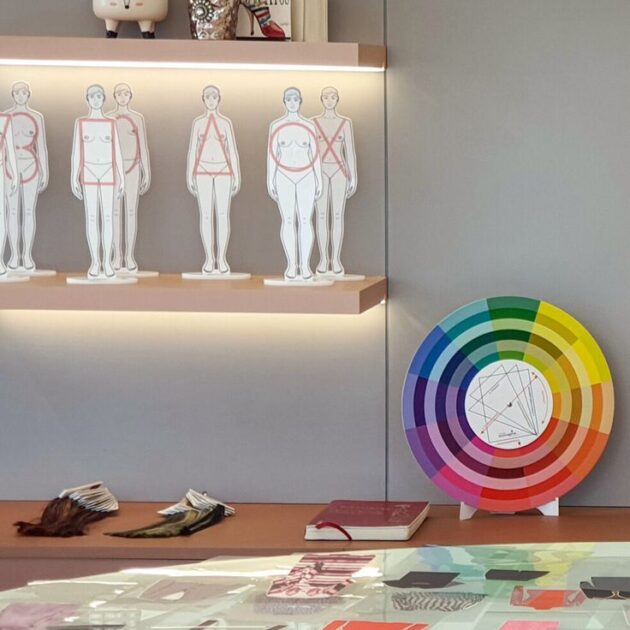 Siluetas de los distintos tipos de cuerpo junto a un círculo cromático en el estudio