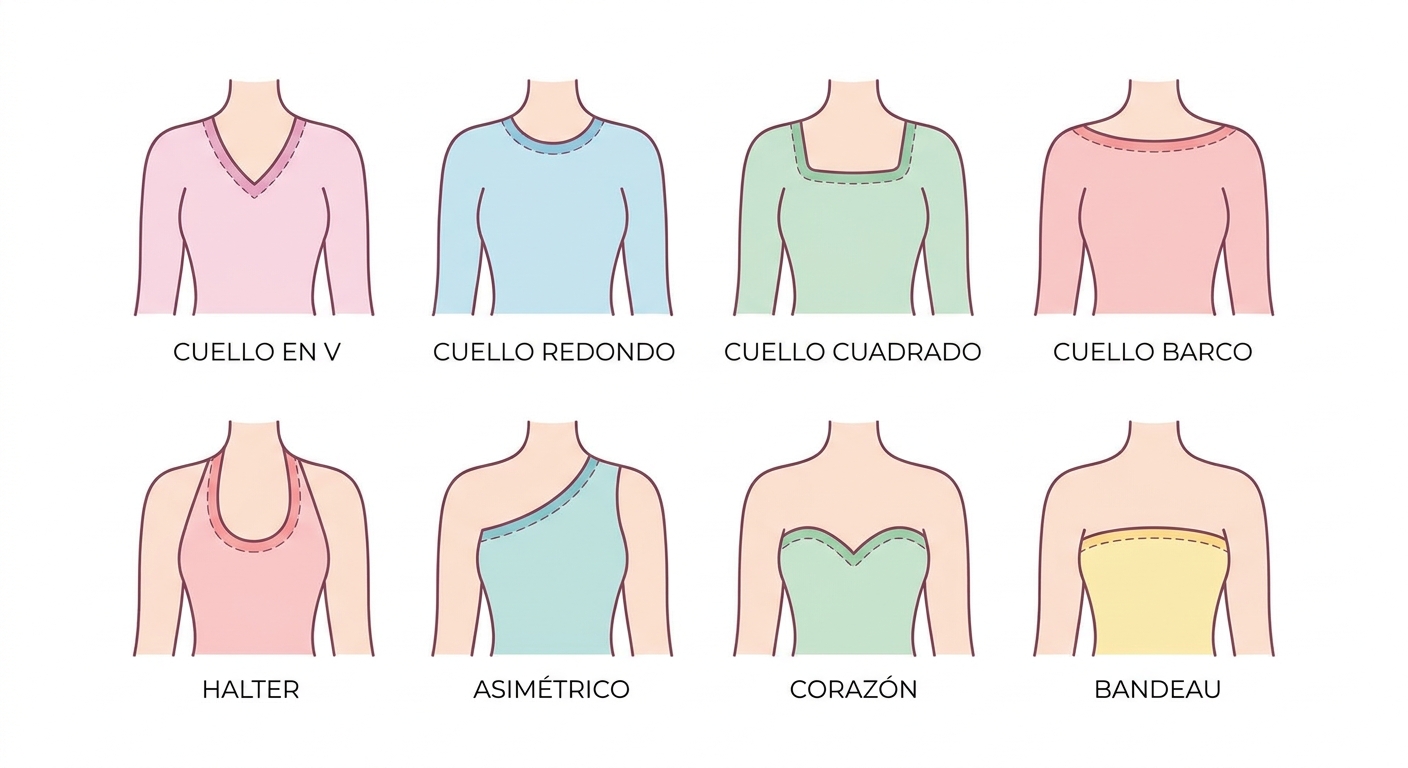 Guía visual con los tipos de escote más comunes y sus nombres para identificarlos fácilmente