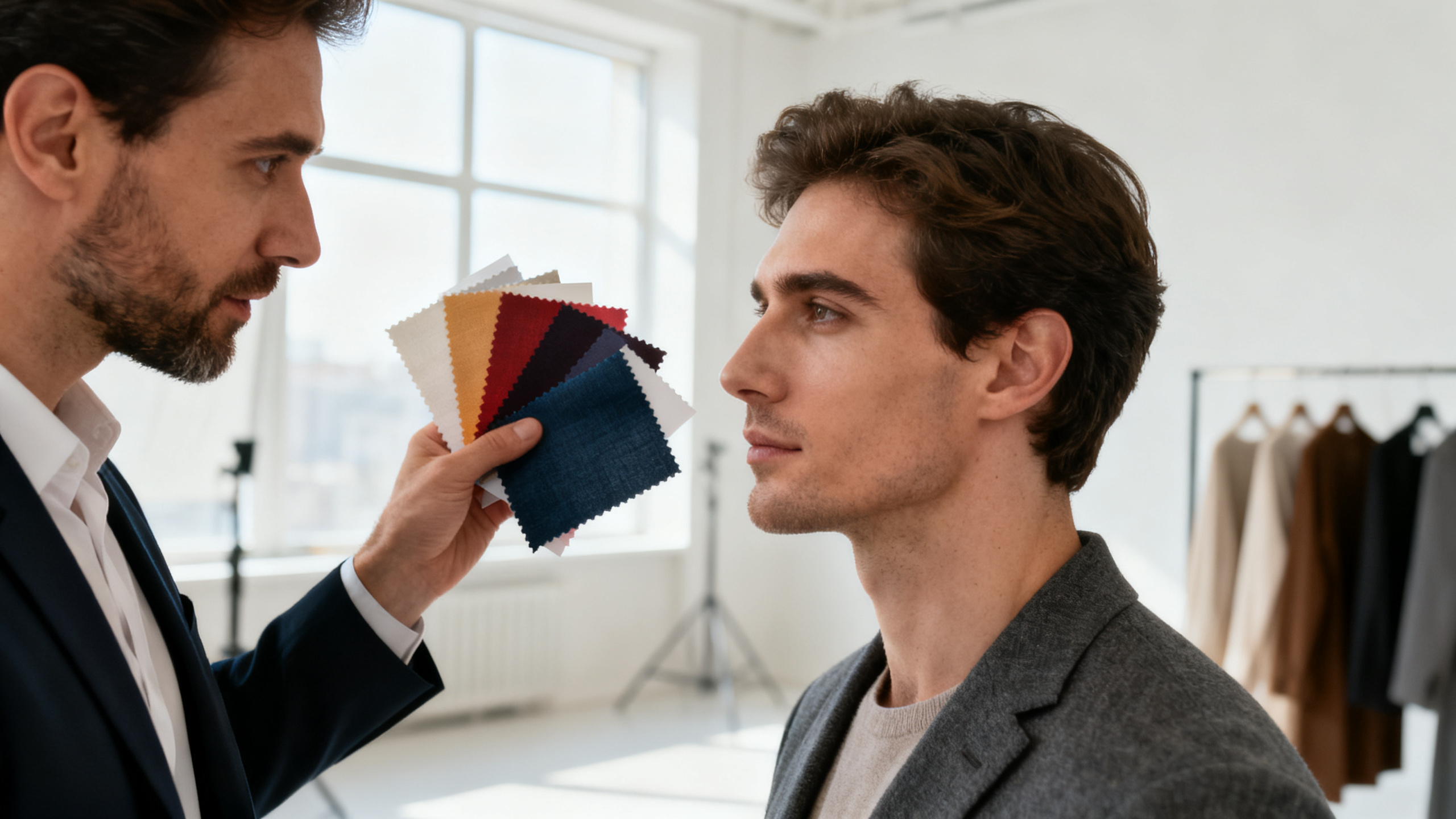 Escena de asesoría de imagen masculina profesional para reforzar que el análisis de color es relevan